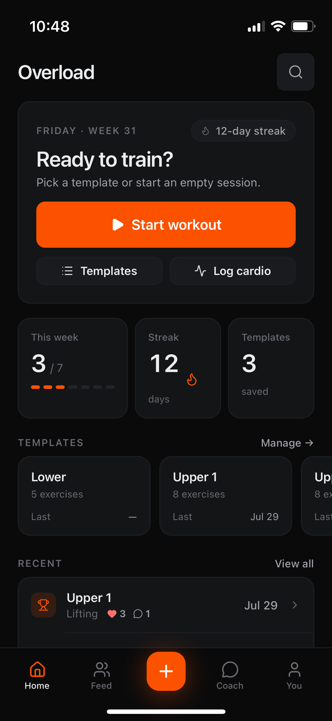 Overload home screen with a workout launcher, training streak, templates, and recent activity