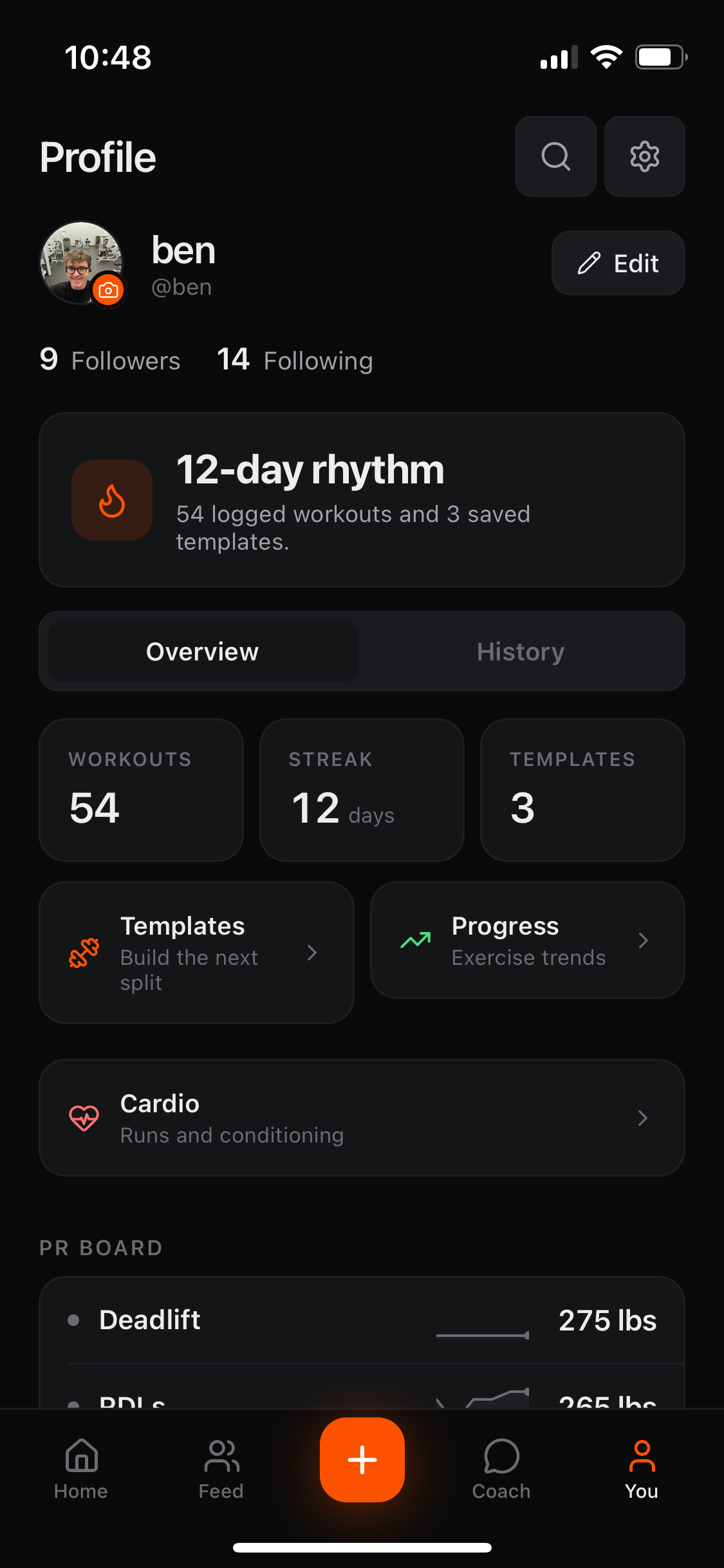 Overload profile showing workout history, streak, templates, progress, and personal records