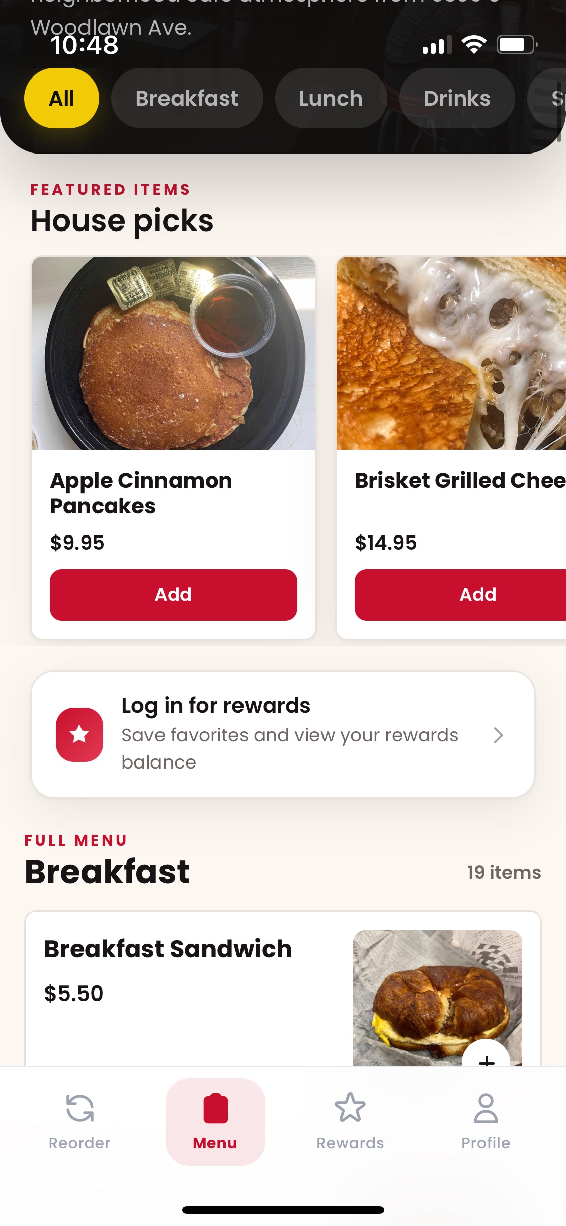 Robust Coffee app menu showing featured dishes, rewards, and breakfast ordering